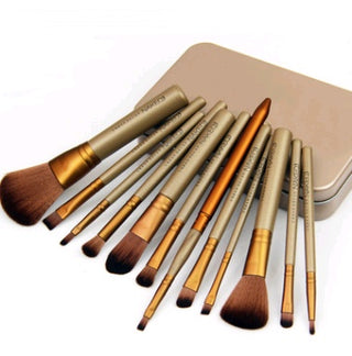 Set of 12 Makeup Brushes – Wooden Handle & Metal Pouch