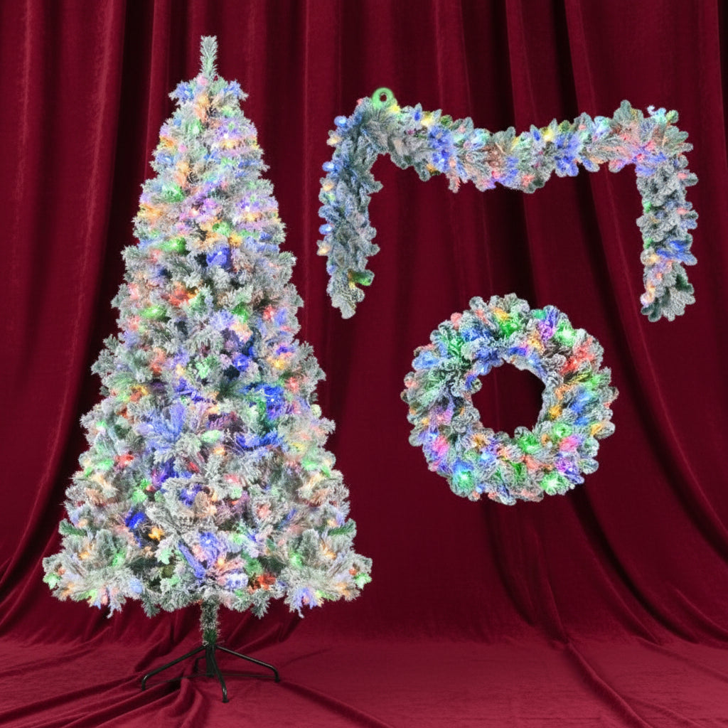 Snowy Christmas Tree 180cm – Prestige Pre-Lit Set with Garland and Wreath