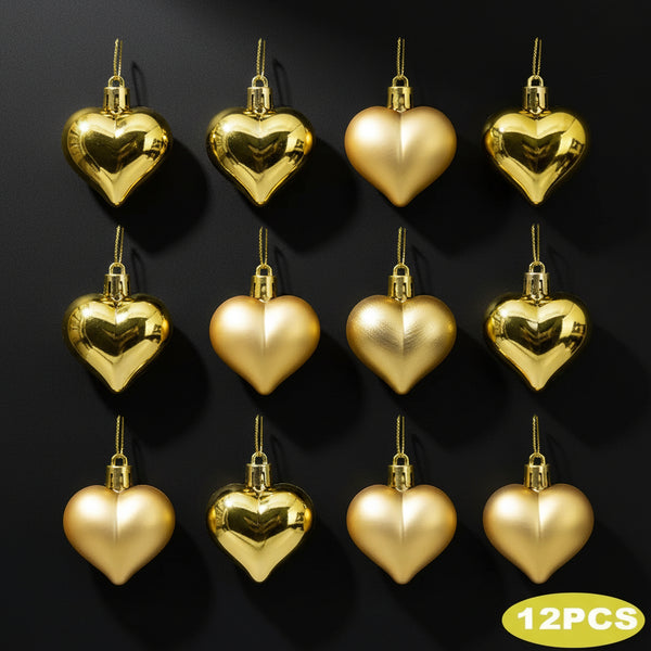 Christmas Heart Ornaments – Collection of 12 Precious Pendants in Gold, Silver, Rose Gold and Red