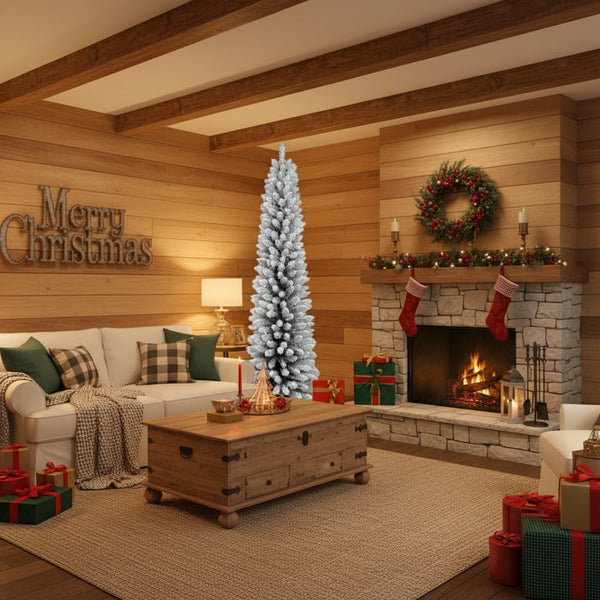 Pencil” Snow-Flocked Christmas Tree – Space-Saving Silhouette (6–7 ft)