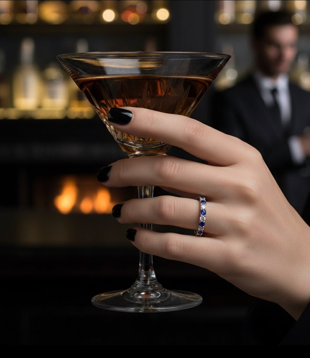 Row Diamond Ring – Red Sapphire Look (Platinum-Plated 925)