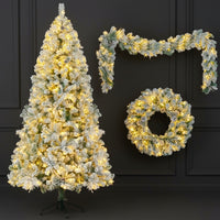 Snowy Christmas Tree 180cm – Prestige Pre-Lit Set with Garland and Wreath